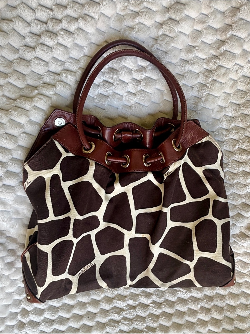 Michael Kors giraffe print canvas, leather trim designer, Gromit detail